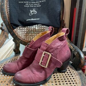 John Fluevog Burgundy Leather Buckle Ankle Booties